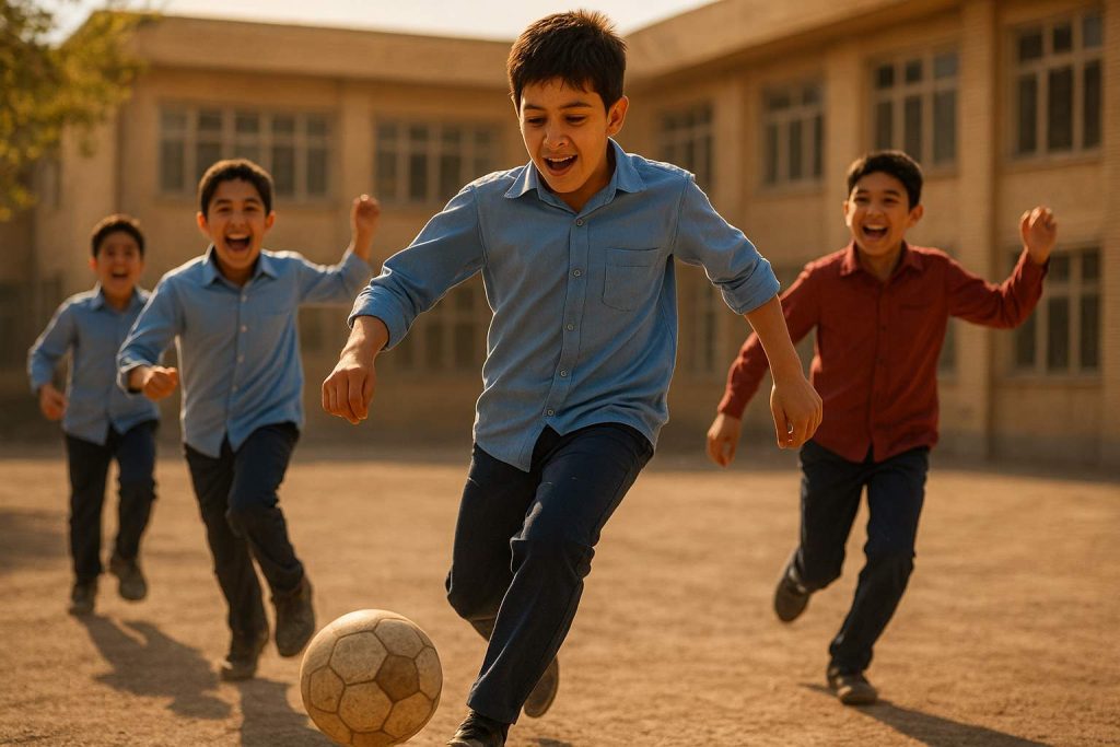 دانش آموزان پسر پرانرژی در حال بازی فوتبال در حیاط مدرسه؛ فعالیت بدنی مناسب راهی برای تخلیه انرژی و افزایش تمرکز در کلاس درس است. 