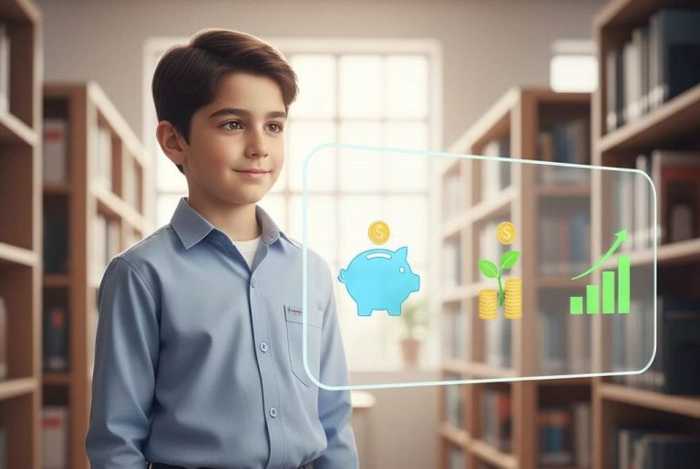 پسر دبستانی در حال یادگیری هوش مالی با ابزار دیجیتال در مدرسه نور امیر - نمادی از آموزش هوش مالی به کودکان در عصر جدید.