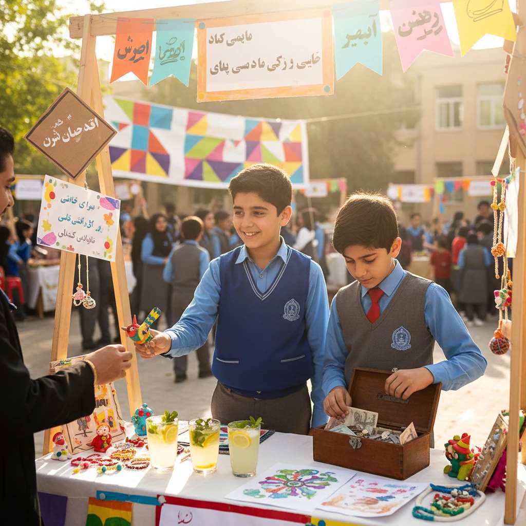 دانش آموزان پسر در جشنواره کارآفرینی مدرسه نور امیر - تجربه عملی کسب و کار و تقویت ذهنیت کارآفرینی در کودکان