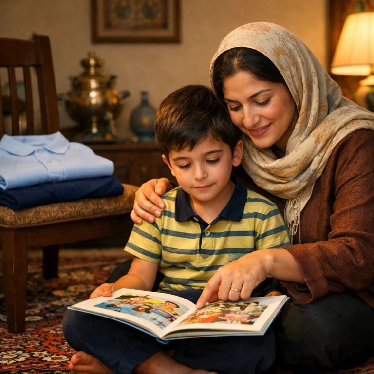 تصویر شاخص که یک مادر درحال کتاب خواندن با فرزندش برای کاهش اضظراب جدایی روز اول مدرسه می باشد.