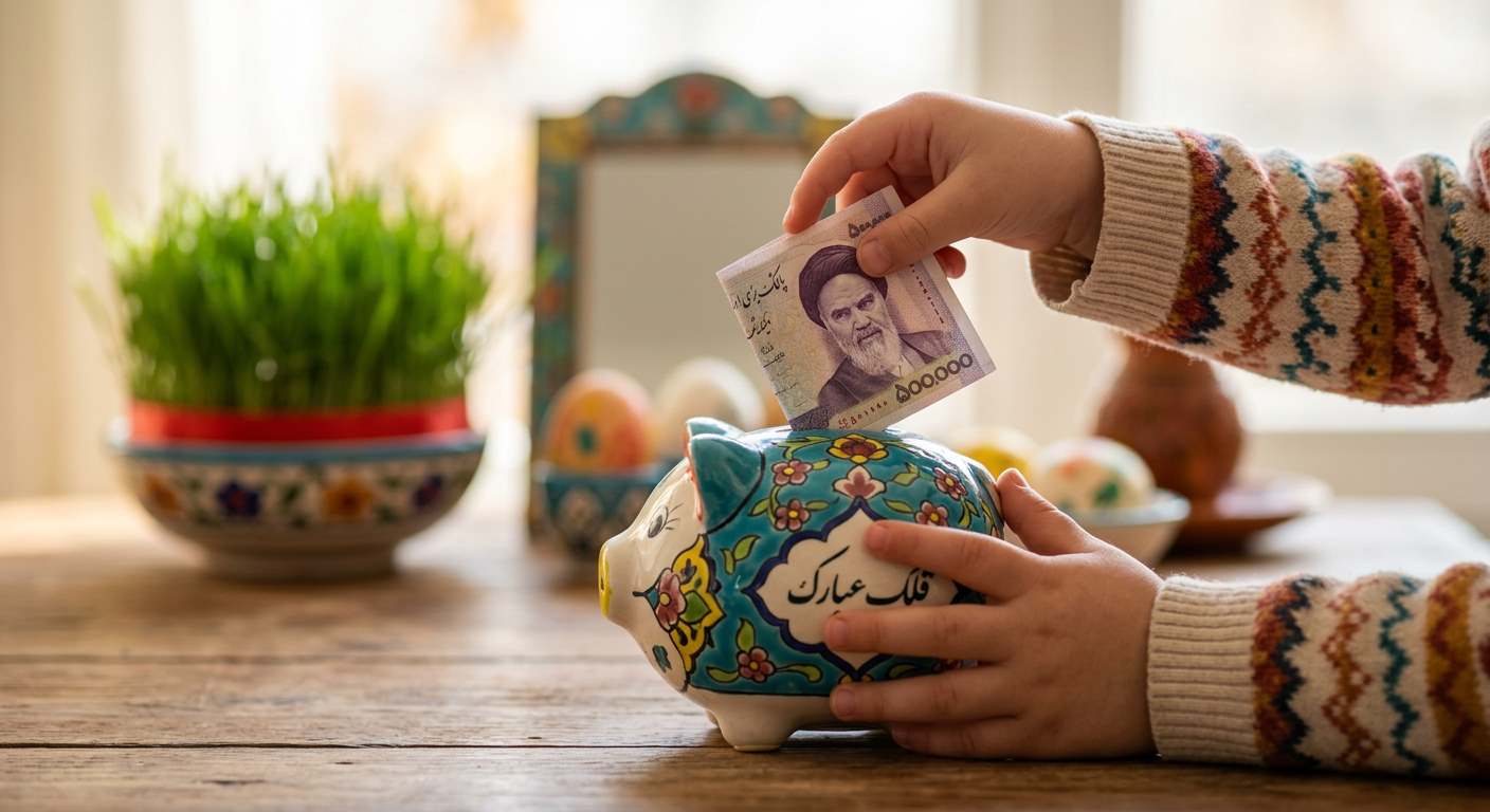 کودک در حال ریختن پول در قلک برای مدیت مالی. مهارت آموزی کودکان در نوروز