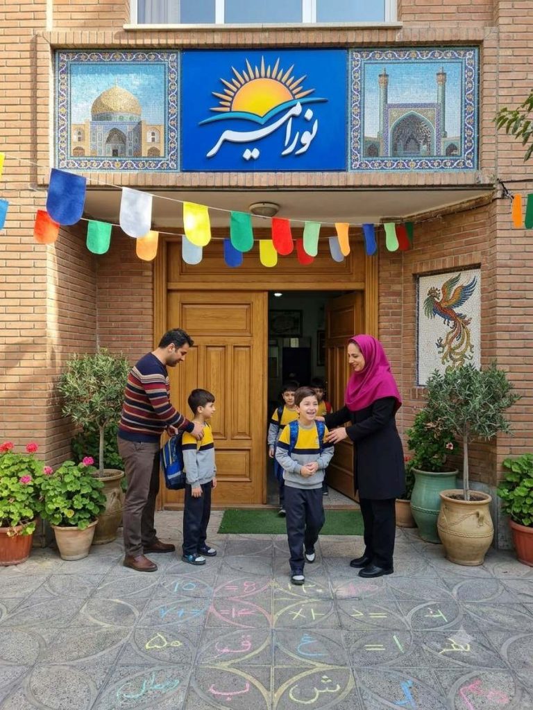 ورود دانشآموزان با لباس فرم زرد و طوسی به دبستان غیردولتی پسرانه نور امیر اصفهان با استقبال معلم، فضایی شاد و پویا برای ایجاد اشتیاق به یادگیری در کودکان.